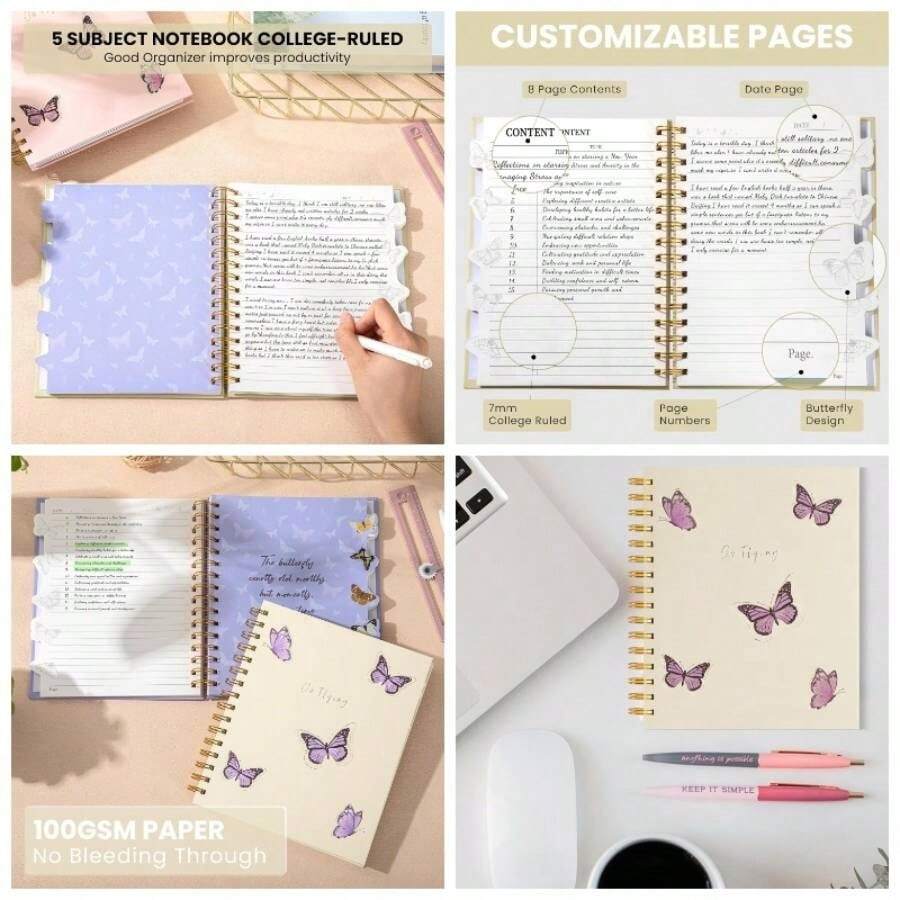 Lindos cuadernos en espiral para mujeres con pestaas divisorias, tapa dura, cuaderno de 5 temas rayado universitario, 8.5 pulgadas, cuaderno para trabajos bblicos y toma de notas, color blanco - Blanco sucio - Ver 1