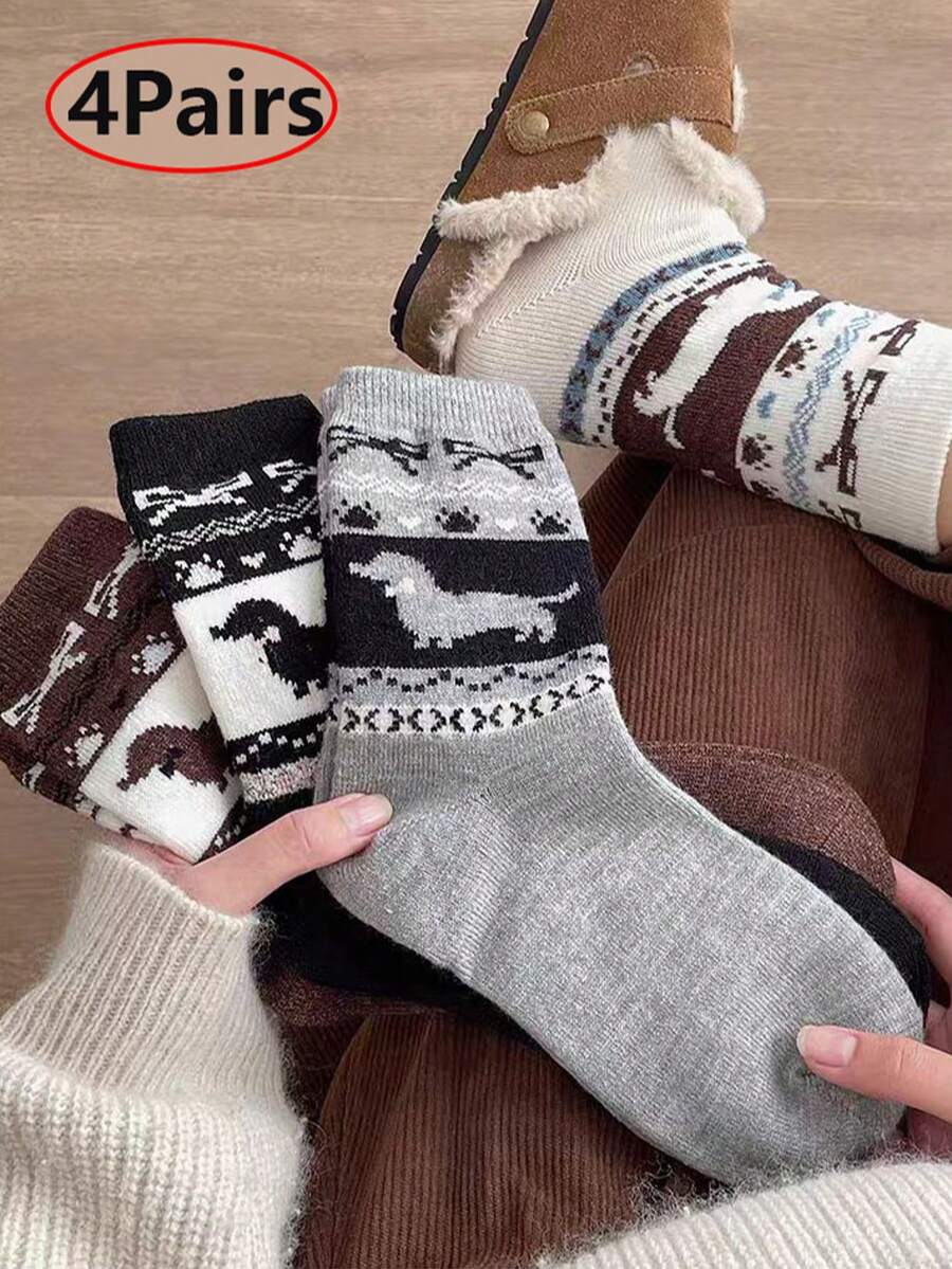 4 Pairs Vintage Cartoon Thick Warm Wool Crew Socks, Simple Japanese Style Versatile Slouch Socks For Winter - Multicolor - View 1