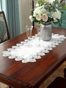 1pc Lace Trim Tablecloth, White Polyester Bamboo Fiber Fabric Dual-Tone Water-Soluble Hollow Lace Edge Dining Table Cloth, Suitable For Dining Table, Coffee Table, Everyday Home Furniture - White - View 1