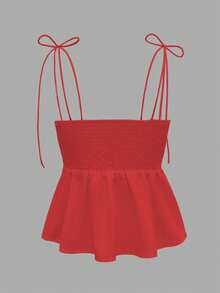 1pc Women's Casual Sleeveless Ruffle Hem Blouse, Elegant French Minimalist Pure White Tube Top Cropped Camisole, Fitted Vacation & Commute Lightweight Camisole Tie Front Tank Top, Y2K Sexy Babydoll Accentuates Curves Outerwear, Spring/Summer/Autumn - Red - View 5