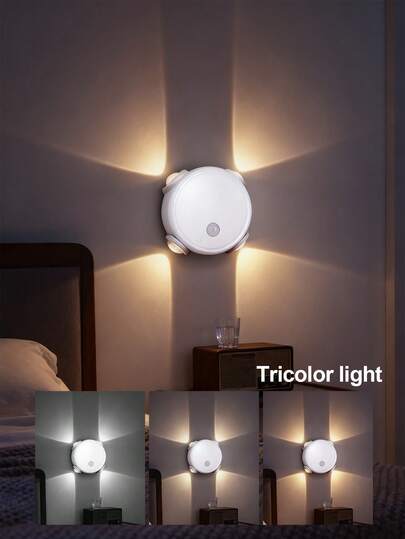 1个四头星形壁灯，多角度照明LED夜灯，USB充电，触摸调光，免钻孔粘贴安装，卧室床头灯，客厅装饰照明，暖光柔和