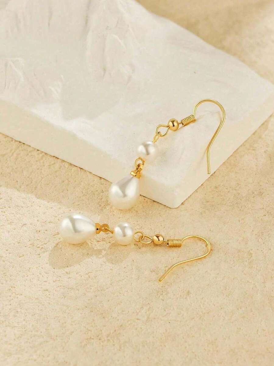 1对女士仿珍珠耳钉，优雅蝴蝶吊坠耳环，时尚伴娘首饰礼品 - 珍珠耳環 - 查看 1