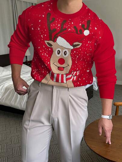 Suéter de punto de cuello redondo de manga larga con estampado de cabeza de ciervo navideño para hombre, talla grande, para otoño/invierno