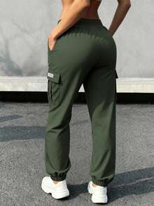 Women's Drawstring Waist Cargo Pants, Lightweight Breathable, Large Pockets Design, Versatile Casual Wear For Daily Occasions - Green - View 3