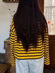 Womens Loose Tunic Tops Long Sleeve Round Neck Stripes Print T-Shirts Spring Fall Blouses - Yellow - View 7