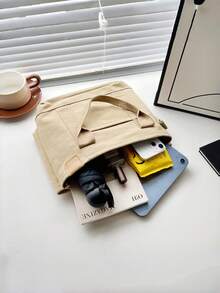 Large Capacity Canvas Tote Bag, Shoulder Bag With Multiple Compartments, Shopping Bag, Casual Art Canvas Bag - Grey - View 2