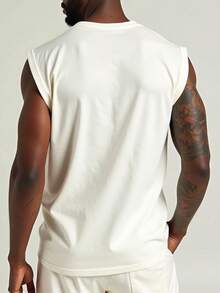 Men's Macho Tank Top, Low-Cut, Bodybuilder Style, Workout Gym, 100% Premium Cotton - Beige - View 4