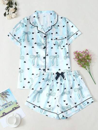 [Dreamery]Striped Bow Print Women Poplin Short Sleeve Shorts Pajama Set