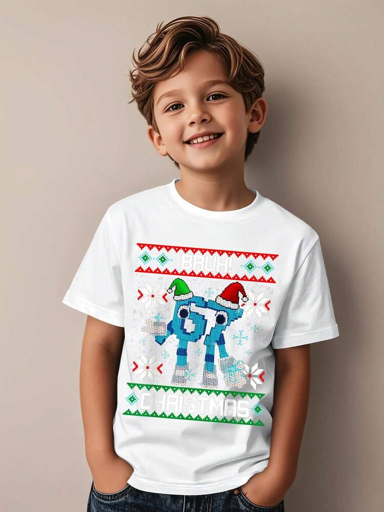 Camiseta gráfica navideña divertida Bruh 67 - Camiseta de manga corta casual para niños con diseño de Santa, copos de nieve y pan de jengibre - Tela suave para fiestas navideñas, atuendos casuales y conjuntos casuales - Divertido Bruh 67 y Navidad - Blanco - Añade 1