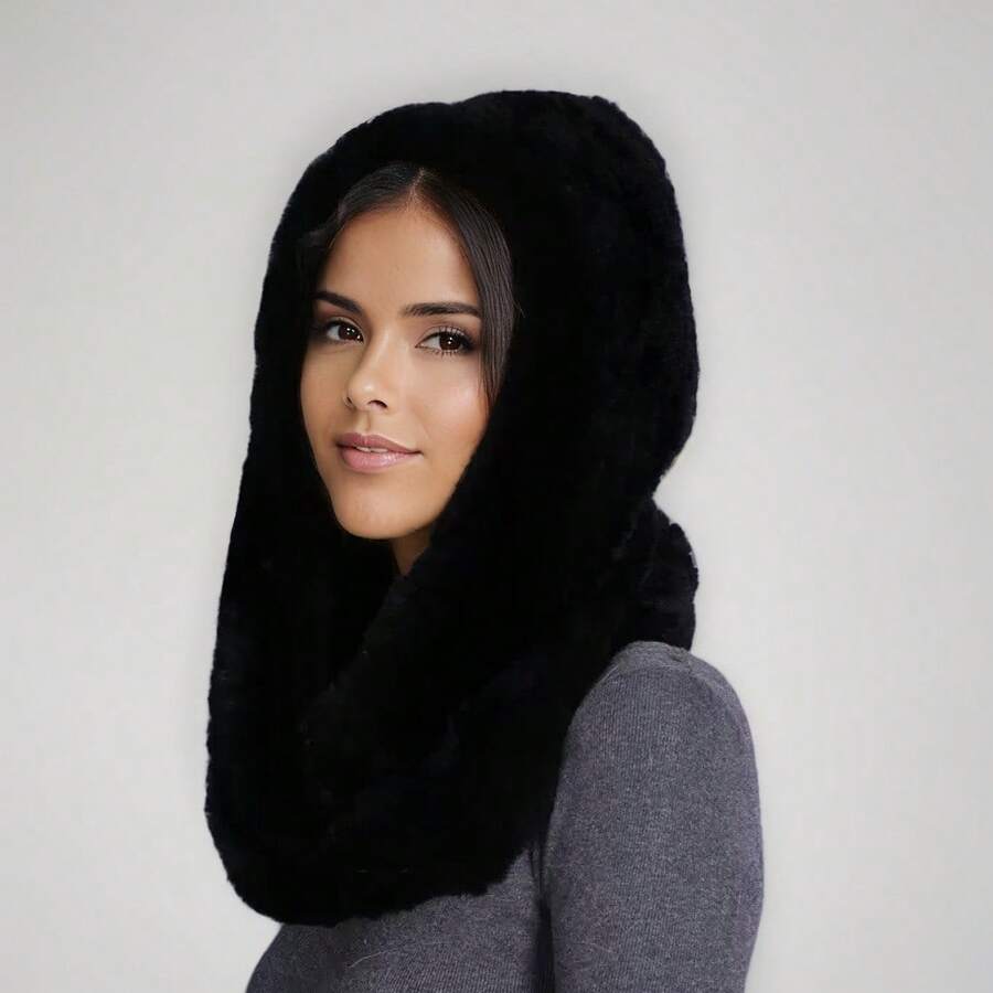 Écharpe à capuche doublée de fausse fourrure moelleuse et chaude, chapeau d'hiver coupe-vent, tenue pour temps froid, cadeau de la Saint-Valentin pour femmes - Multicolore - Voir 1