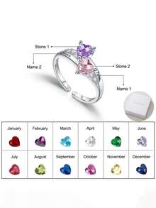 Anillo de corazón con piedras de nacimiento personalizadas de moda para gemelos, con nombre en inglés grabado, piedra de nacimiento de diciembre, joya esencial para cualquier atuendo - Multicolor - Ver 1
