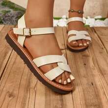 女士平底凉鞋，时尚搭扣带舒适宽松交叉绑带多功能户外简约轻便凉鞋，女士沙滩休闲凉鞋，纯色波西米亚风 - 米色 - 查看 4