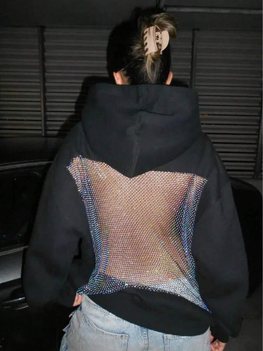 2025 Autumn-Winter New Women's Fashion Solid Color Backless Openwork Mesh Hooded Sweatshirt, Casual Fashion Long-Sleeved Sweatshirt, Christmas And Halloween Gift - 黑色 - 查看 1