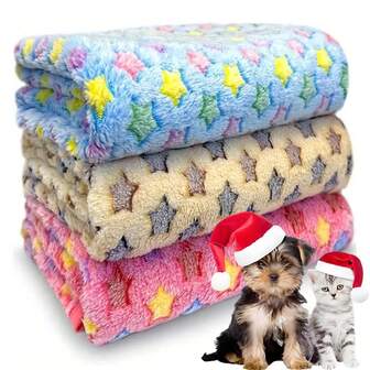 1-Pack Soft Thick Flannel Pet Blanket - Christmas Gift For Dogs, Machine Washable Cozy Plush Bedding With Star Pattern (Blue/Pink/Yellow) For Bed/Sofa/Nest & Home Decor