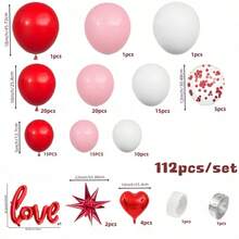 112件套红色和粉色结婚周年纪念气球拱门套装，包含一个40英寸红色LOVE铝箔气球，适用于婚礼、周年纪念、母亲节、情人节、订婚、生日派对装饰。 - 彩色 - 查看 3