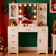 Modern Dressing Table With LED Lighted Mirror & Cabinet Vanity Makeup Desk White - White - View 3