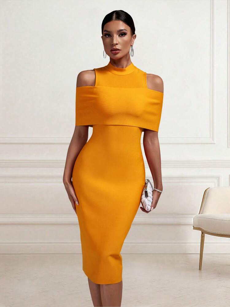 Solid Color Elegant Cutout Slit Zipper Formal Evening Cocktail Party Wedding Guest Dresses For Women - Orange - View 5