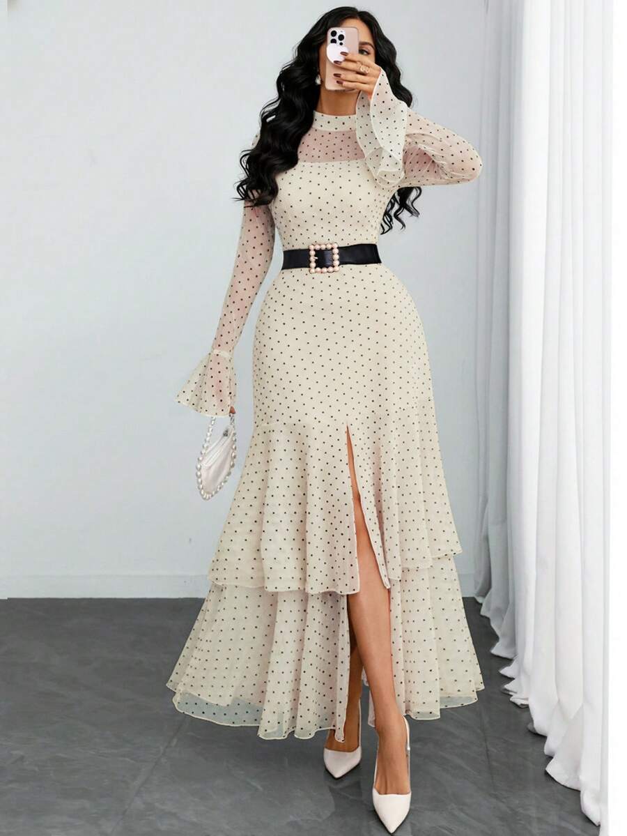 Vestido moderno, romántico, sexy y elegante con estampado de lunares, cuello alto, cintura con doble abertura y dobladillo multicapa, adecuado para citas, vacaciones y vida diaria en primavera - Albaricoque - Ver 1