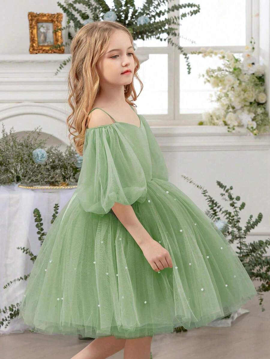 少女薄荷绿吊带花瓣袖蝴蝶结串珠网纱派对礼服,优雅公主裙,适合女孩生日派对、舞会、婚礼花童、伴娘、毕业典礼等场合。 - 薄荷綠 - 查看 1