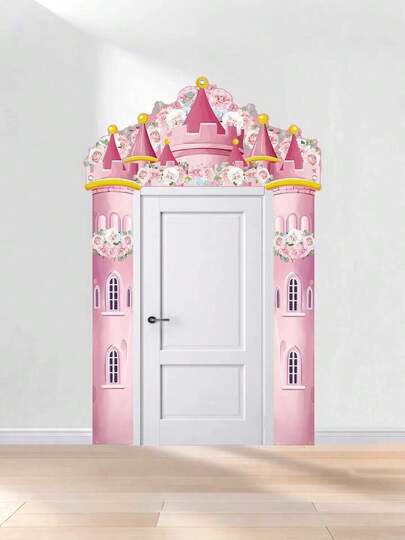 1 Set Princess Castle Gate Backdrop - 3pcs Pink Castle Background With Floral Towers, Hanging Princess Theme Photo Backdrop, Suitable For Girls Birthday Party And Baby Shower