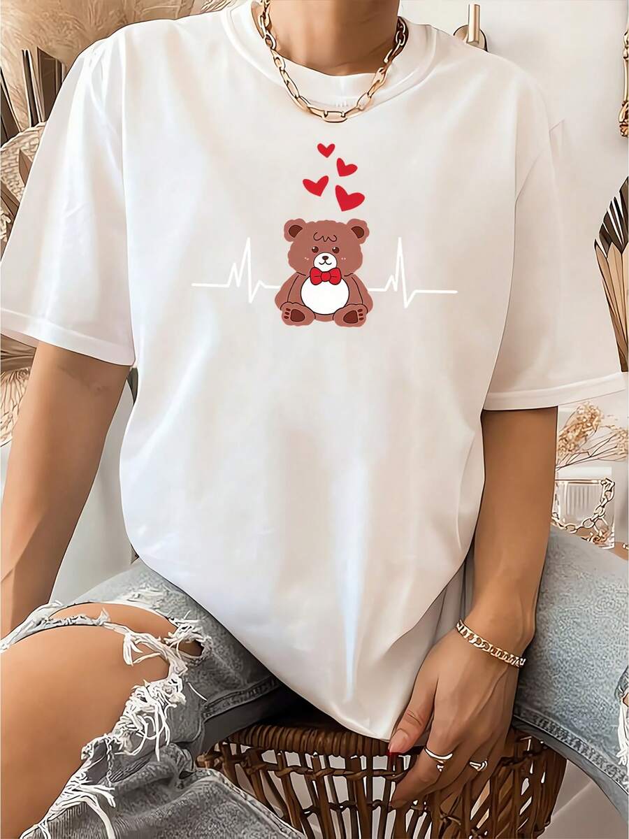 1pcsWomen's Short-Sleeve T-Shirt With Bear & Heart Print - Round Neck Casual Blouse, S-XXL Sizes & Multi-Color Options ( Shown)| Machine-Washable Summer & Everyday Top For Office, Vacation, Daily Wear - Medium-Stretch Fabric Suitable For - Wear180g-Versatile 100% Cotton Women's Casual T-Shirt - Easy-Matching Wardrobe Staple - 白色 - 查看 1