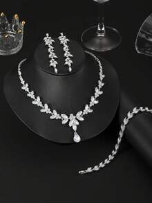 4-Piece/Set Luxury Rhinestone Bridesmaid Jewelry Set, Elegant And Fashionable Horse Eye Pointed Rhinestone Leaf Necklace Pendant Earring Bracelet Set, Suitable For Weddings, Banquets, Dances And Other Occasions - 白色 - 查看 1