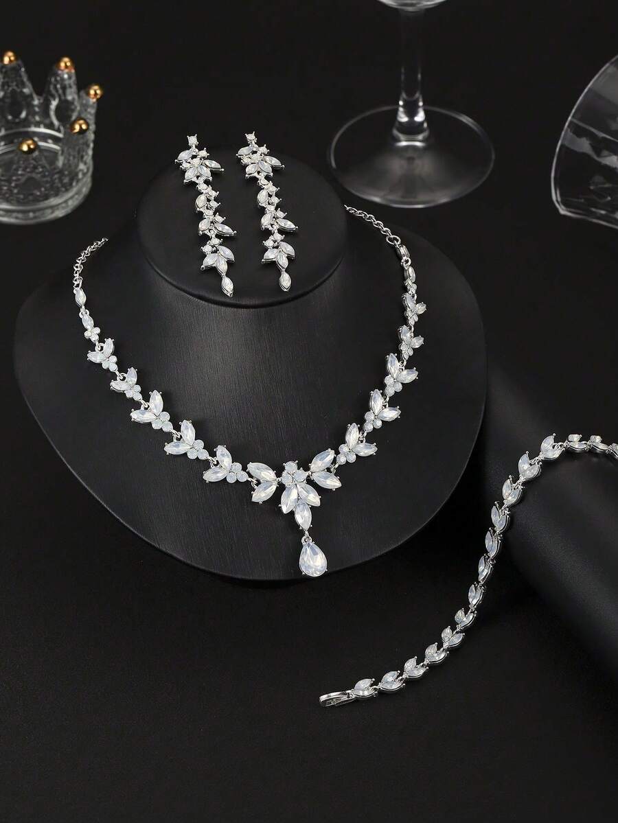 4-Piece/Set Luxury Rhinestone Bridesmaid Jewelry Set, Elegant And Fashionable Horse Eye Pointed Rhinestone Leaf Necklace Pendant Earring Bracelet Set, Suitable For Weddings, Banquets, Dances And Other Occasions - 白色 - 查看 1