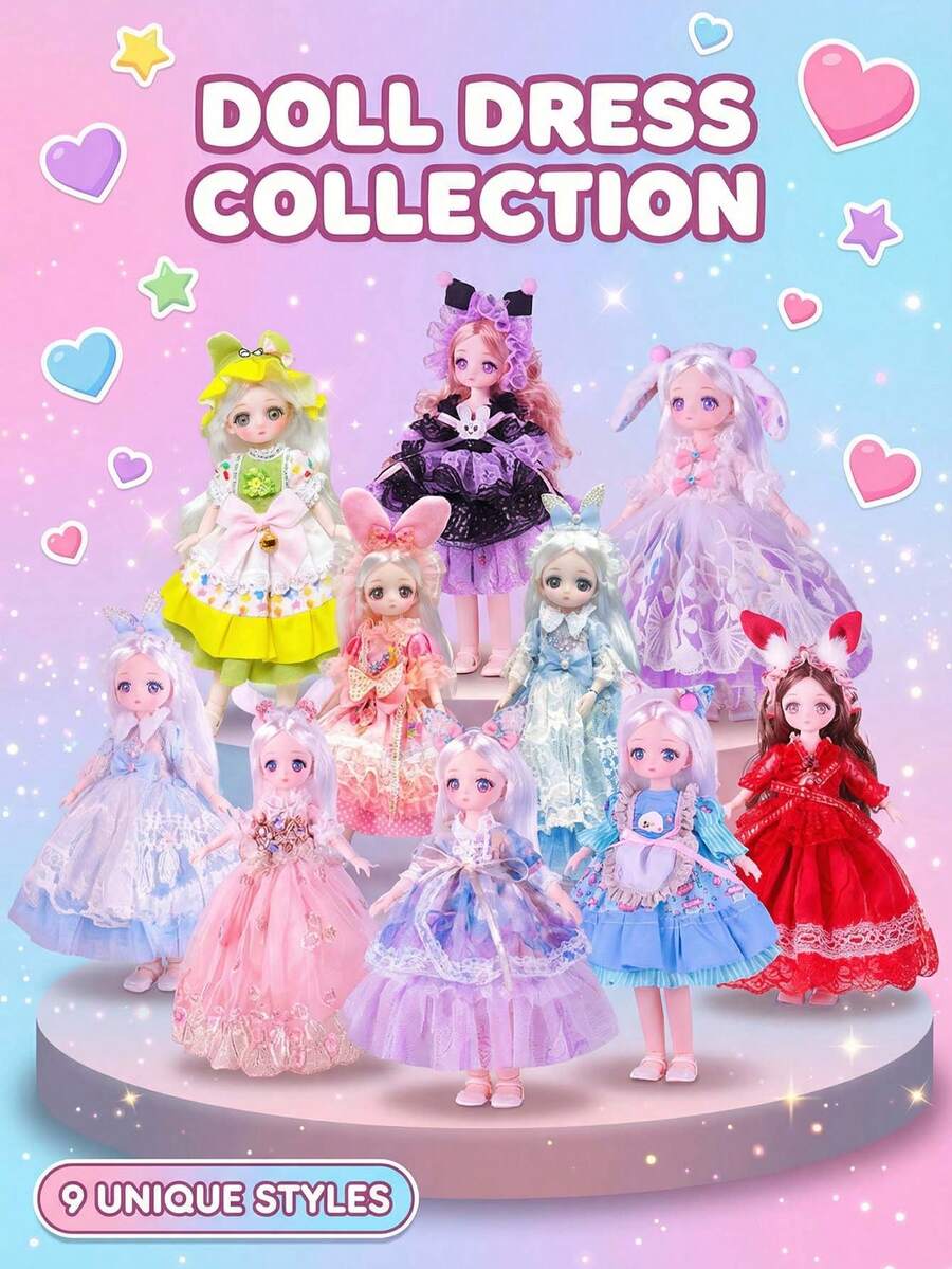 11.81英寸（30厘米）23关节可动BJD娃娃，公主换装裙，角色扮演服装套装，DIY玩具，生日和节日礼物 - 彩色 - 查看 1