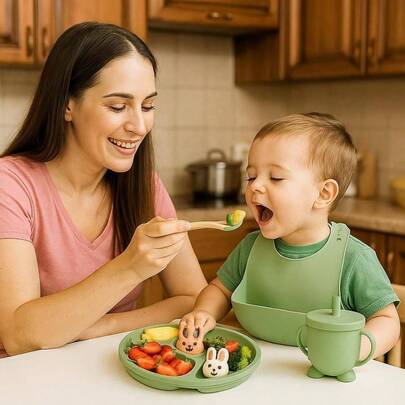 Set de Alimentacin Complementaria Juego de Platos y Cubiertos para Beb de SiliconaLibres de BPA, Babero, Plato, Tazon y Cubiertos, Seguros y Resistentes Verde