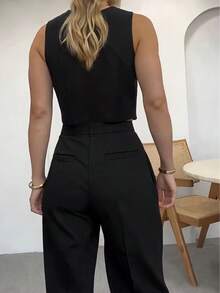 女士优雅无袖圆领梭织衬衫，不对称设计，带纽扣 - 黑色 - 查看 4