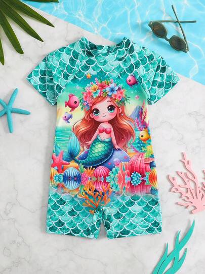 Young Girl Cute Cartoon Mermaid Print One-Piece Swimsuit Shorts