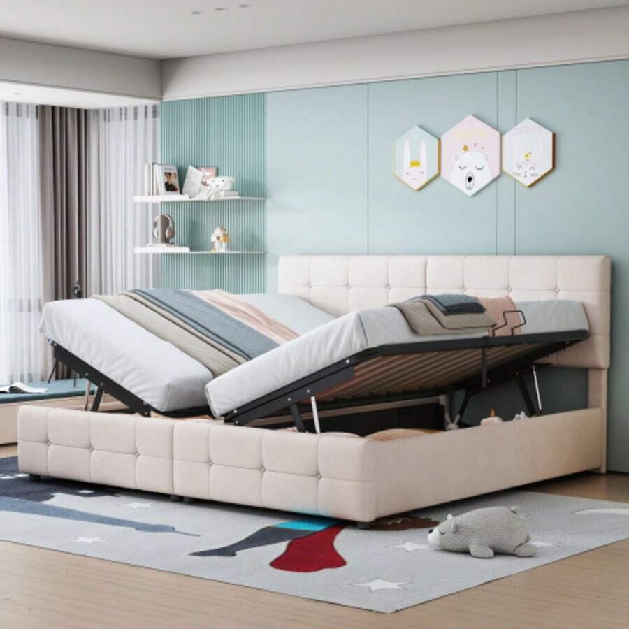 Polsterbett 180x200 cm, Hydraulisches Stauraumbett, Hochkastenbett, Multifunktionales Doppelbett, Hautfreundlicher Samtstoff, Beige - Beige 3 - Voir 1