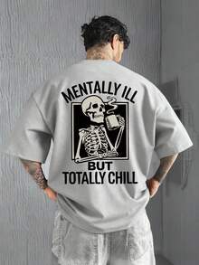 Krometka Men's Casual Versatile Minimalist Street Skull & English Slogan Print Short Sleeve T-Shirt - Grey - View 2