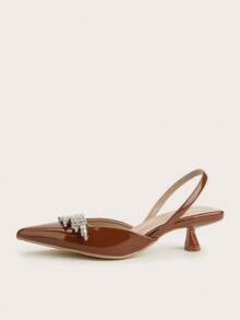 Women's Rhinestone Embellished Elegant Pointed Toe Slingback High Heel Sandals, Brown, Suitable For Banquet And Party - Brown - View 5