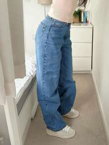 MYOURSA 女士低腰直筒水洗牛仔裤，宽松版型，休闲百搭，适合通勤和日常穿着，春季款 - 中等水洗藍 - 查看 3