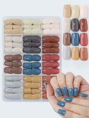 12色360片装短款美甲贴片，包含紫色、棕色、红色、蓝色、白色、粉色、法式、短方型等多种颜色，色彩丰富鲜艳，是圣诞美甲的理想礼物。