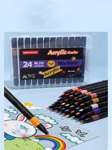 Conjunto de 12/24 marcadores acrílicos de ponta macia com cabo redondo, ideais para pintura profissional, desenho, grafite e materiais de aprendizagem. - Multicolorido - Ver 1