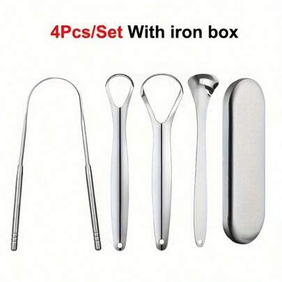4件套带铁盒不锈钢舌刮器 - 口腔卫生清洁器，减少口臭，大容量收纳盒，金属材质，清新口气，呵护牙龈健康