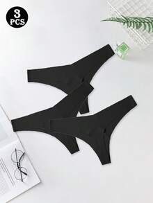 3PCS Women's Solid Panties Seamless Underwear Panties Solid Briefs Mid Rise Sexy V-Cut Waist Comfort Breathable Women's Lingerie Ice Silk Thongs Intimate, Black - Black - View 5