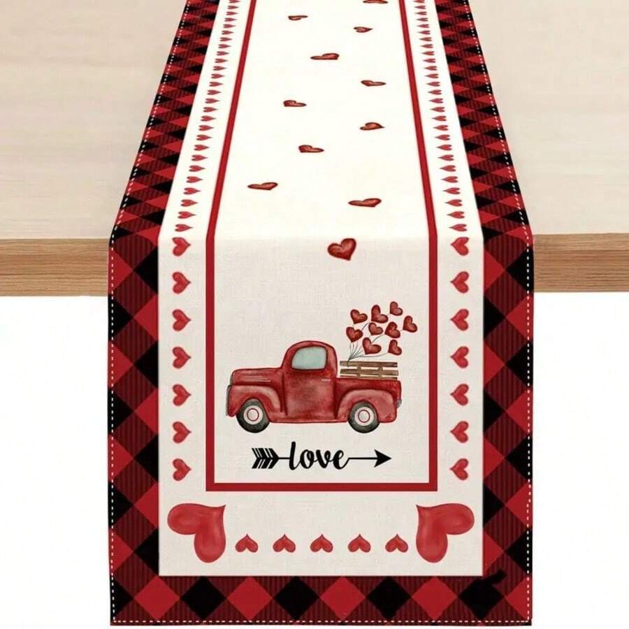 1 pieza Camino de mesa de San Valentín a cuadros (183cm/72in * 33cm/13in) - Tela con sensación de lino, camión rojo vintage y patrón de corazón (opciones de cuadros blanco y negro/rojo y negro), resistente a las manchas y reutilizable, ideal para mesas de comedor de restaurantes/salas de estar, también adecuado como decoración central para la cena de San Valentín/aniversario/cumpleaños - Multicolor - Ver 1