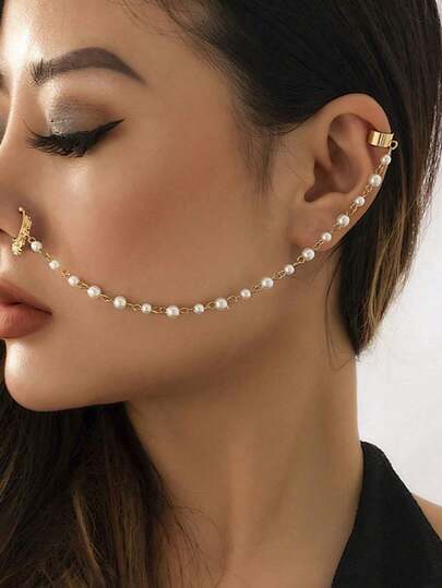 1pc Punk Style Nose Chain Jewelry, Faux Pearl, Star, Tassel Chain Nose Clip Earrings For Women