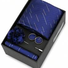 男士正式婚礼领带套装，涤纶面料领带，口袋巾，袖扣，胸针礼盒套装，金色格子图案 - 混色 - 查看 57