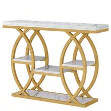 LITTLE TREE Space-Saving 39.4 Inch Console Table, Industrial 4-Tier Narrow Table With Storage For Hallway & Foyer, White And Gold Metal Frame Accent Piece For Small Spaces - Gold - View 4