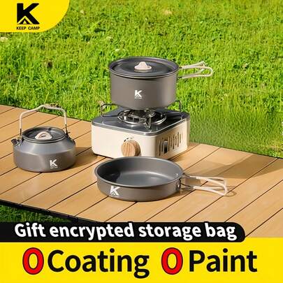JETBEAM 便携式露营炊具套装：中号锅 + 煎锅 + 1.1升水壶 | 可折叠设计，包含餐具 | 紧凑型户外露营烹饪套装，是节日礼物、露营装备和野餐的理想之选