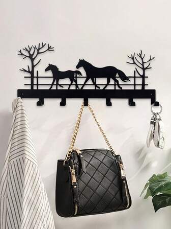 1PC Wall-Mounted Black Metal Horses Key Hook, Storage Hanger Holder Rack For Towels Clothes Hats, Suitable For Bathroom Kitchen Bedroom Living Room, Cabinet Door Back Type Wall Decor