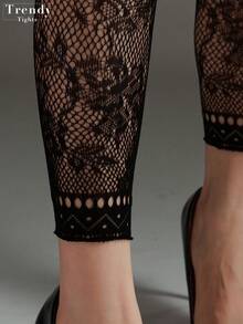 1件装女士加大码高弹提花网眼踝长打底裤，哥特风花卉图案紧身裤，时尚性感黑色网眼长袜，适合所有季节 - 黑色 - 查看 5