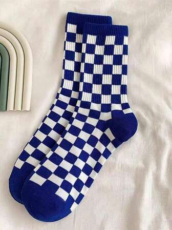 1 Pair Unisex Blue Checkered Pattern Socks