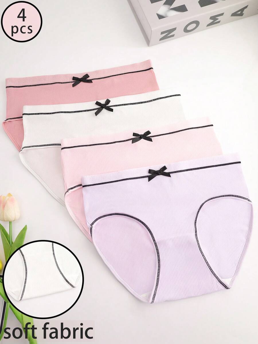 4 条装女士蝴蝶结纹理低腰多色性感可爱内裤