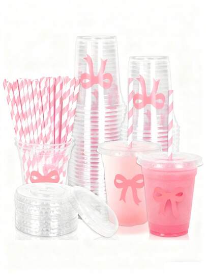 20 Or 40 Pieces Of 12 Oz Pink Bow-Designed Disposable Plastic Cups With Lids And Straws – Elegant And Practical Party Drinkware For Bridal Showers, Baby Showers, Birthdays, And Girl-Themed Celebrations