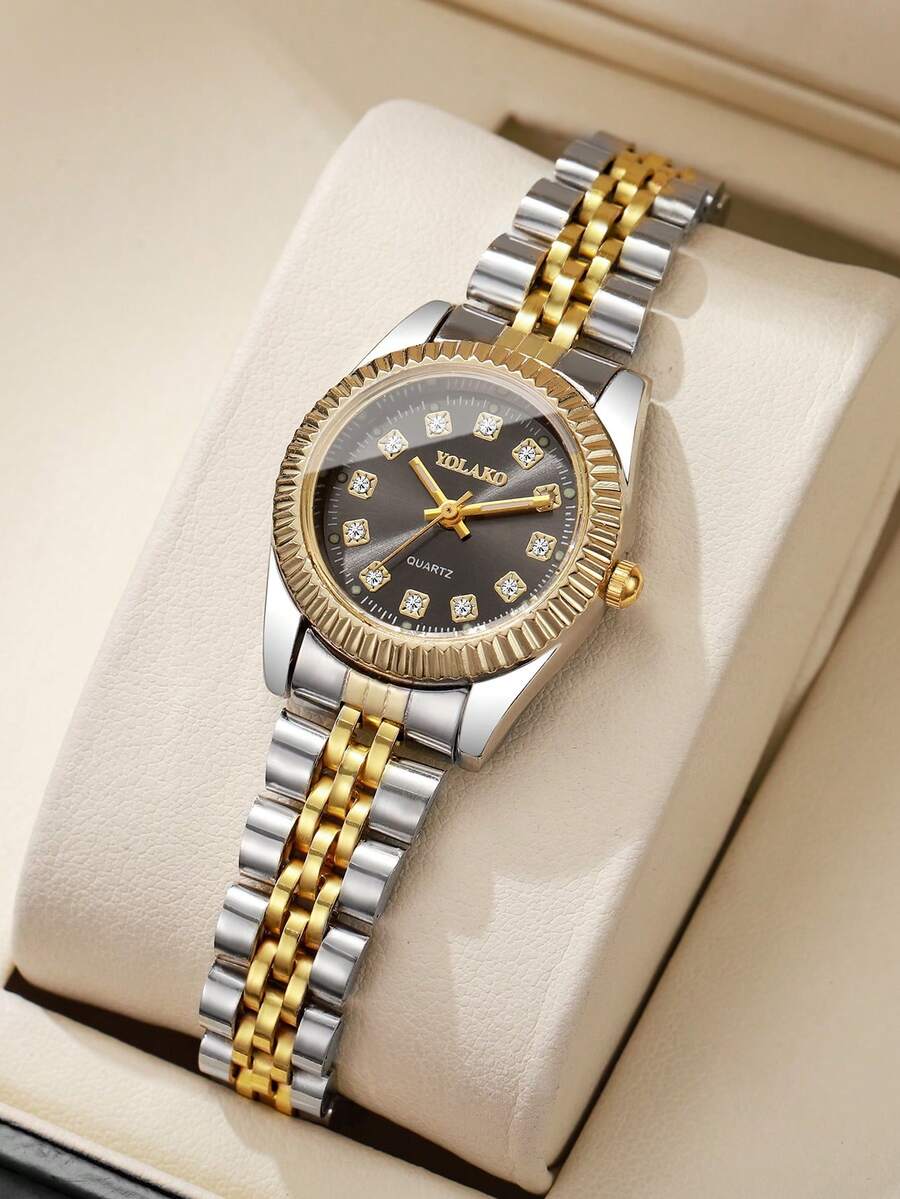 1pc Women's Fashion Casual Rhinestone Decorated Small Dial Quartz Wrist Watch With Steel Band, Minimalist Style (1pc/Set, Watch Box Not Included) - Black - View 1